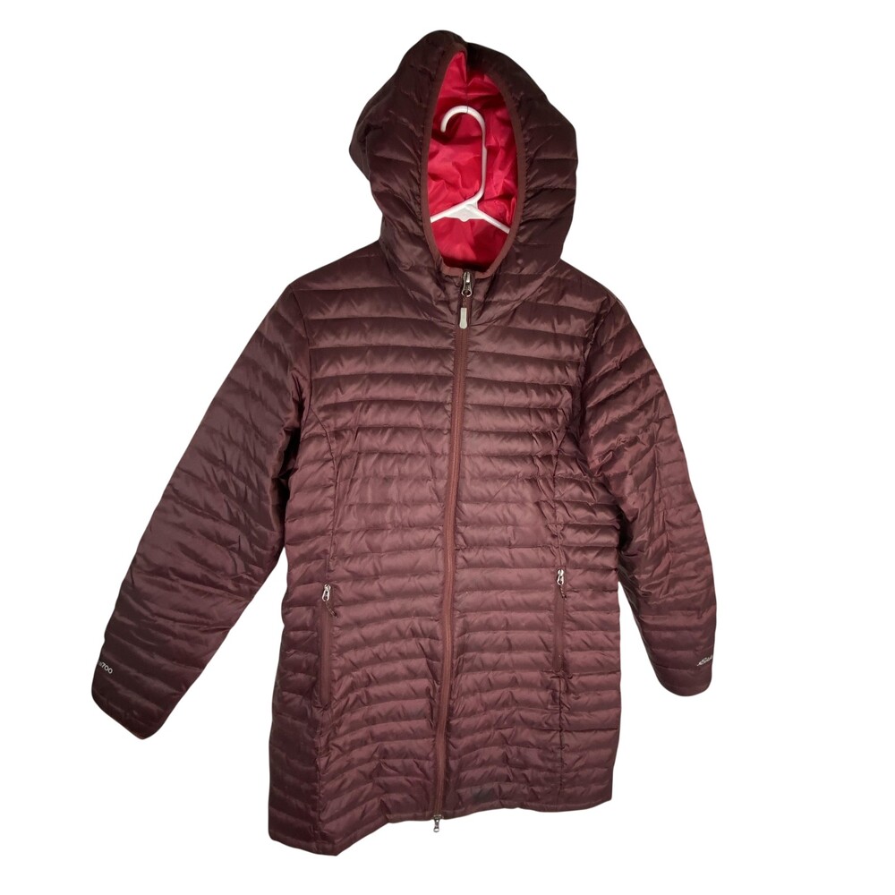 Eddie Bauer Down Puffer Coat Womens Medium Red Hooded EB700 Quilted Zip Jacket